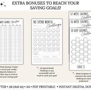 May include: Printable black and white 52-week, 26-week, 30-day, and no-spend month savings challenge trackers.  The trackers feature circles to colour in as you save.  The text "Save $" is at the bottom of the page.