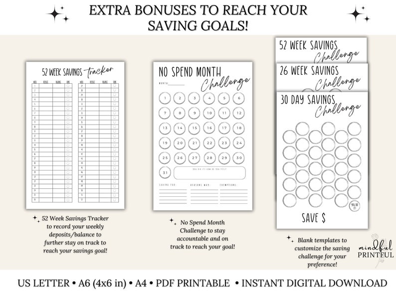 May include: Printable black and white 52-week, 26-week, 30-day, and no-spend month savings challenge trackers.  The trackers feature circles to colour in as you save.  The text "Save $" is at the bottom of the page.