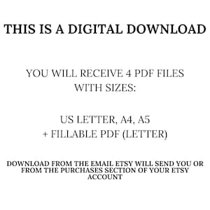 Puede incluir: Texto sobre un fondo blanco que dice "Esta es una descarga digital. Recibir&aacute;s 4 archivos PDF con los tama&ntilde;os: US Letter, A4, A5 + PDF rellenable (Letter). Descarga desde el correo electr&oacute;nico que Etsy te enviar&aacute; o desde la secci&oacute;n de compras de tu cuenta de Etsy." El texto "mindful PRINTEUL" est&aacute; en una fuente m&aacute;s peque&ntilde;a en la esquina inferior derecha de la imagen.