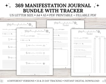 369 manifestatiedagboek, afdrukbare manifestatiekit, 369-methode, manifestplanner, wet van aantrekking, geldmanifestatie, tracker