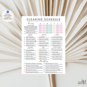 May include: A pastel-coloured cleaning schedule template, featuring daily, weekly, and monthly tasks. The schedule includes tasks like cleaning the kitchen, bathroom, and living room. The text "FULLY EDITABLE CANVA TEMPLATE" is in the upper left corner of the image.