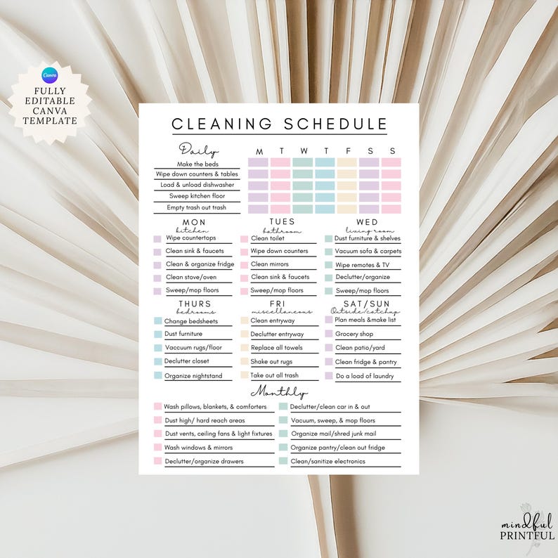 May include: A pastel-coloured cleaning schedule template, featuring daily, weekly, and monthly tasks. The schedule includes tasks like cleaning the kitchen, bathroom, and living room. The text "FULLY EDITABLE CANVA TEMPLATE" is in the upper left corner of the image.