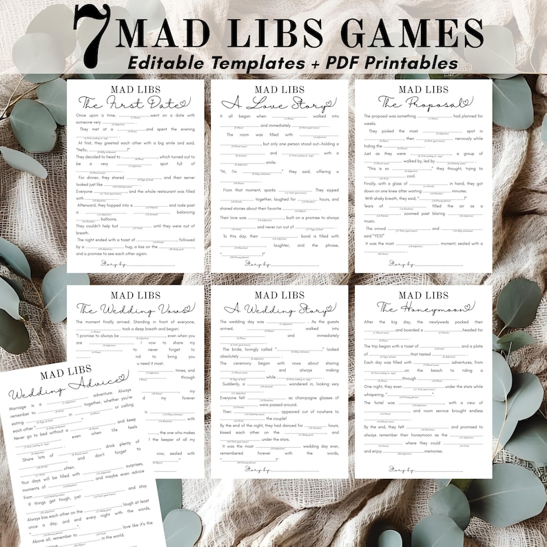 Bridal shower mad libs printable game bundle featuring 7 funny wedding-themed stories including The First Date, A Love Story, The Proposal, The Wedding Vows, A Wedding Story, The Honeymoon, and Wedding Advice. Perfect for bridal showers, bachelorette parties, rehearsal dinners, and wedding celebrations. Instant download party game with word lists and story pages for endless laughter and keepsake fun.