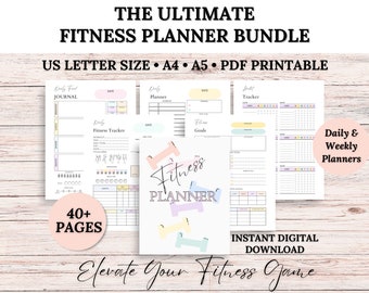 PAQUETE Planificador de Fitness, Diario de Fitness, Planificador de Bienestar, Diario de Pérdida de Peso, Rastreador de Entrenamiento, Medidas Corporales, Planificador de Comidas, Impresión en PDF