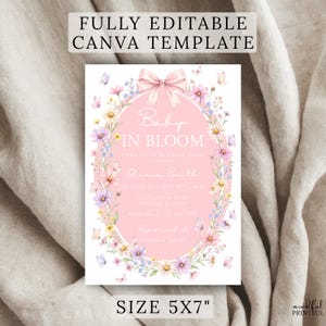 Baby in Bloom Baby Shower Invitation Editable Canva Baby Shower Template Wildflower Baby Shower Invite Pink Bow Floral Shower Invitation image 11