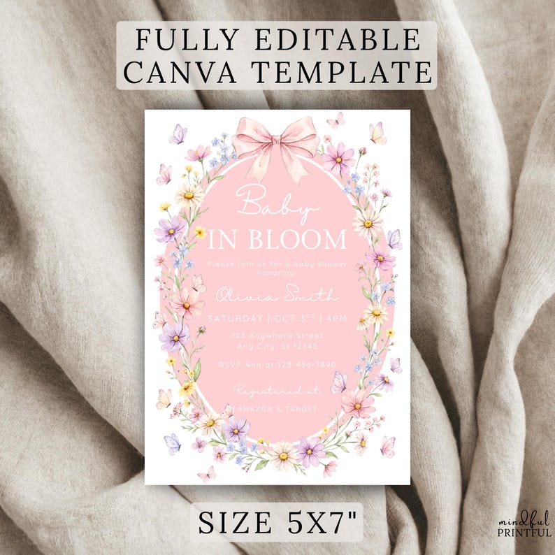 Baby in Bloom Baby Shower Invitation Editable Canva Baby Shower Template Wildflower Baby Shower Invite Pink Bow Floral Shower Invitation image 11