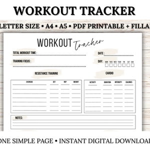 Può includere: Un tracker di allenamento stampabile con sezioni per l'allenamento di resistenza e cardio. Il tracker include campi per esercizio, serie, ripetizioni, peso, attività, durata, intensità e calorie. Include anche campi per il tempo totale di allenamento, l'obiettivo di allenamento e le note.