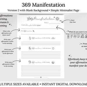 May include: A printable 369 manifestation journal with a simple minimalist design. The journal includes sections for writing affirmations for morning, afternoon, and evening. It also includes a section for writing what you want to manifest and a section for entering the day and date.