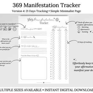 May include: A black and white printable 369 manifestation tracker with a minimalist design. The tracker includes sections for writing down what you want to manifest, your affirmations, and what you are grateful for. It also includes a worry bin section and a 21-day tracking grid with checkboxes for morning, afternoon, and evening.