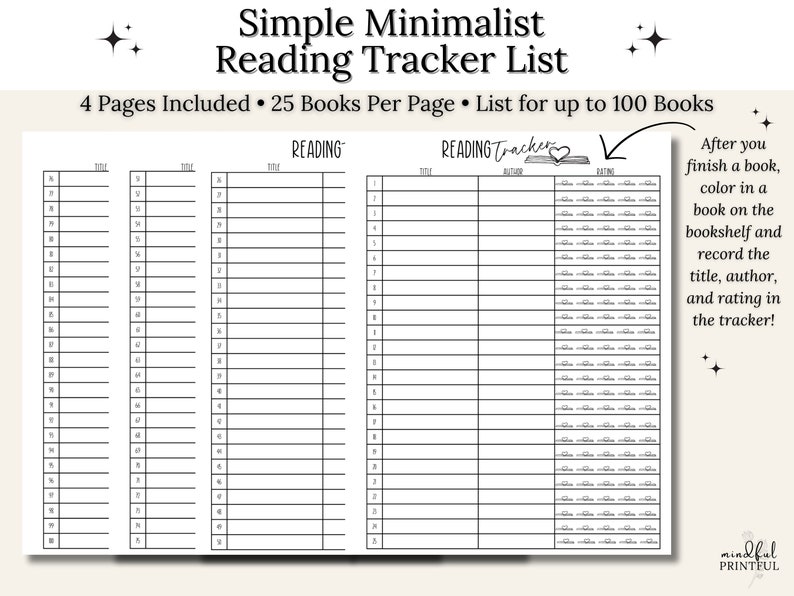 May include: A printable reading tracker list with four pages, each page containing space to track 25 books. The tracker includes columns for the title, author, and rating of each book. The text "READING Tracker" is written in cursive with a heart symbol.