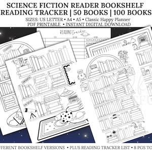 Rastreador de lectura de estanterías de ciencia ficción Libros imprimibles de registro de lectura de libros de ciencia ficción 50 libros leídos 100 libros PDF Carta/A4/A5/HP Clásico
