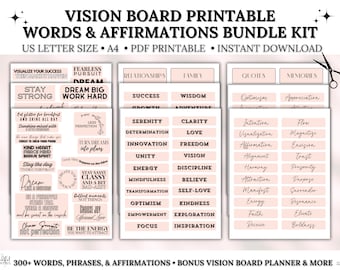 Vision Board Printables Bundle Kit, 2025 Vision Board Kit Words, Phrases & Positive Affirmations, Manifesting, Motivational Quotes
