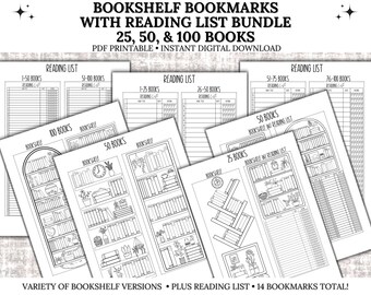 Bookshelf Bookmark, Printable Bookmarks, Reading Tracker List, Reading Log, Book Tracker, Book Lovers, Coloring, 25 Book, 50 Book, 100 Books