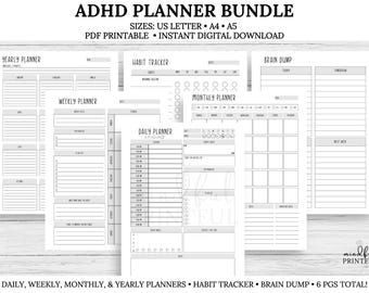 ADHD Planner Printable Bundle Daily Planner Weekly Monthly Yearly Undated Planner Templates Habit Tracker Brain Dump PDF Letter/A4/A5