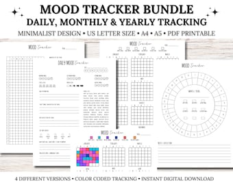 May include: Printable mood tracker bundle with four different versions: daily, monthly, and yearly. The trackers feature a minimalist design with black and white grids and circles. The text "MOOD TRACKER BUNDLE" is at the top of the image.