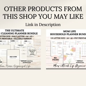 Op de afbeelding: Afbeelding van twee plannerbundels: "The Ultimate House Cleaning Planner Bundle" en "Mom Life Household Planner Bundle". Beide zijn PDF printbaar en invulbaar. De huishoudelijke schoonmaakbundel bevat 20+ pagina's, terwijl de mom life bundel 90+ pagina's heeft.