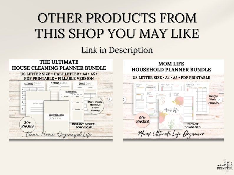 Op de afbeelding: Afbeelding van twee plannerbundels: "The Ultimate House Cleaning Planner Bundle" en "Mom Life Household Planner Bundle". Beide zijn PDF printbaar en invulbaar. De huishoudelijke schoonmaakbundel bevat 20+ pagina's, terwijl de mom life bundel 90+ pagina's heeft.