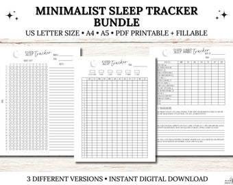 May include: Printable minimalist sleep tracker bundle in three different versions: a daily sleep log, a weekly sleep habit tracker, and a monthly sleep tracker. The trackers are designed for US Letter, A4, and A5 paper sizes.