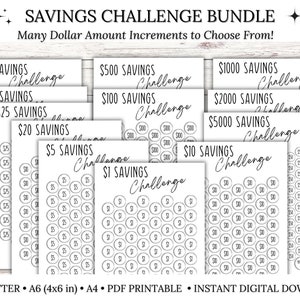 May include: A printable savings challenge bundle with different dollar amounts to choose from. The bundle includes challenges for saving &pound;1, &pound;5, &pound;10, &pound;20, &pound;25, &pound;40, &pound;50, &pound;100, &pound;500, &pound;1000, &pound;2000, and &pound;5000.