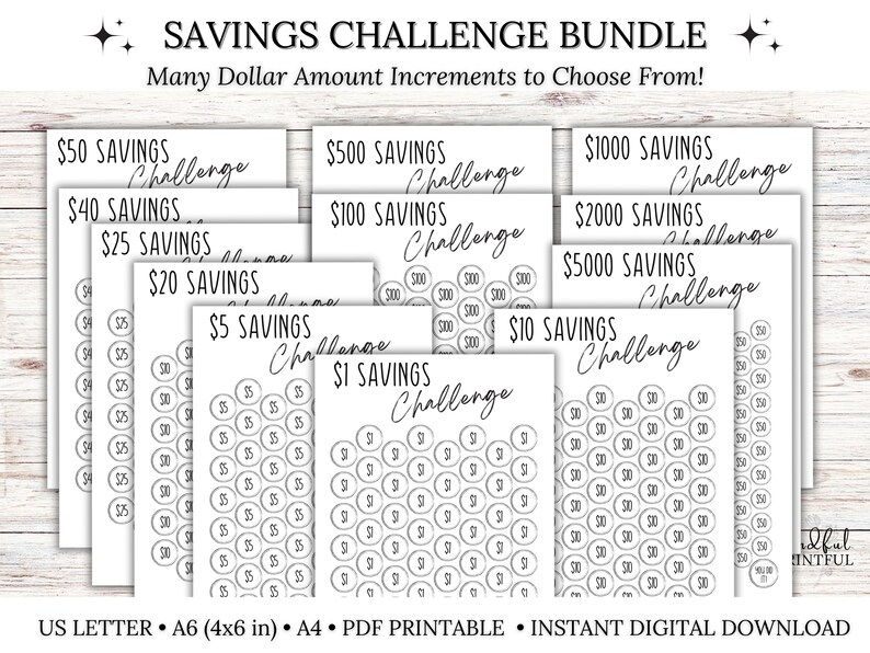 May include: A printable savings challenge bundle with different dollar amounts to choose from. The bundle includes challenges for saving &pound;1, &pound;5, &pound;10, &pound;20, &pound;25, &pound;40, &pound;50, &pound;100, &pound;500, &pound;1000, &pound;2000, and &pound;5000.