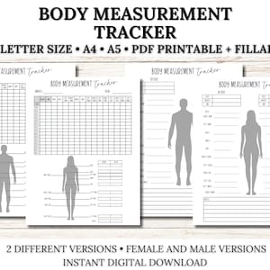 Könnte beinhalten: Druckbarer Körpermaß-Tracker in den Größen US Letter, A4 und A5. Der Tracker enthält zwei verschiedene Versionen, eine für Männer und eine für Frauen. Der Tracker ist so konzipiert, dass er mit Maßen für verschiedene Körperteile ausgefüllt werden kann. Der Tracker ist eine PDF-Datei, die gedruckt und ausgefüllt werden kann.