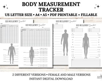 Rastreador de medidas corporales imprimible, Rastreador de pérdida de peso, Planificador de fitness, Escultura corporal, Cuerpo masculino, Cuerpo femenino, PDF rellenable, Carta/A4/A5