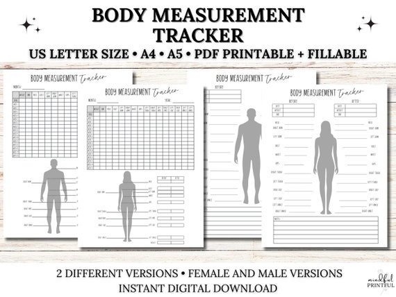 Body Measurement Tracker Printable, Weight Loss Tracker, Fitness Planner, Body Sculpting, Male Body, Female Body, PDF Fillable, Letter/A4/A5