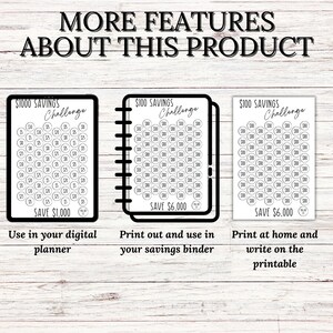 May include: Three printable savings challenge trackers. The first tracker is for saving &pound;1,000, the second is for saving &pound;6,000, and the third is for saving &pound;6,000. The trackers are designed to be used in a digital planner, a savings binder, or printed at home.