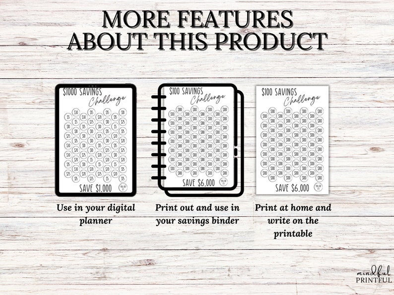 May include: Three printable savings challenge trackers. The first tracker is for saving &pound;1,000, the second is for saving &pound;6,000, and the third is for saving &pound;6,000. The trackers are designed to be used in a digital planner, a savings binder, or printed at home.