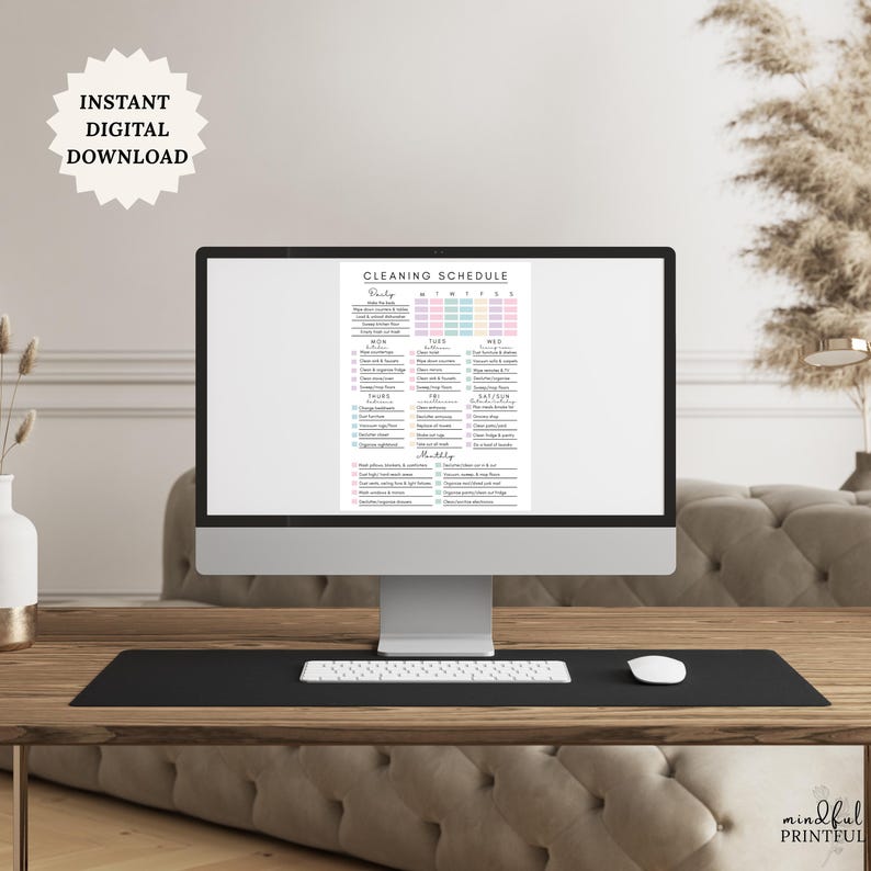 May include: A computer screen shows a cleaning schedule with tasks for each day of the week. The schedule is in a grid with pastel colours. The words "Instant Digital Download" are in a starburst shape in the upper left corner.