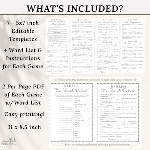 Bridal shower mad libs printable game bundle featuring 7 funny wedding-themed stories including The First Date, A Love Story, The Proposal, The Wedding Vows, A Wedding Story, The Honeymoon, and Wedding Advice. Perfect for bridal showers, bachelorette parties, rehearsal dinners, and wedding celebrations. Instant download party game with word lists and story pages for endless laughter and keepsake fun.
