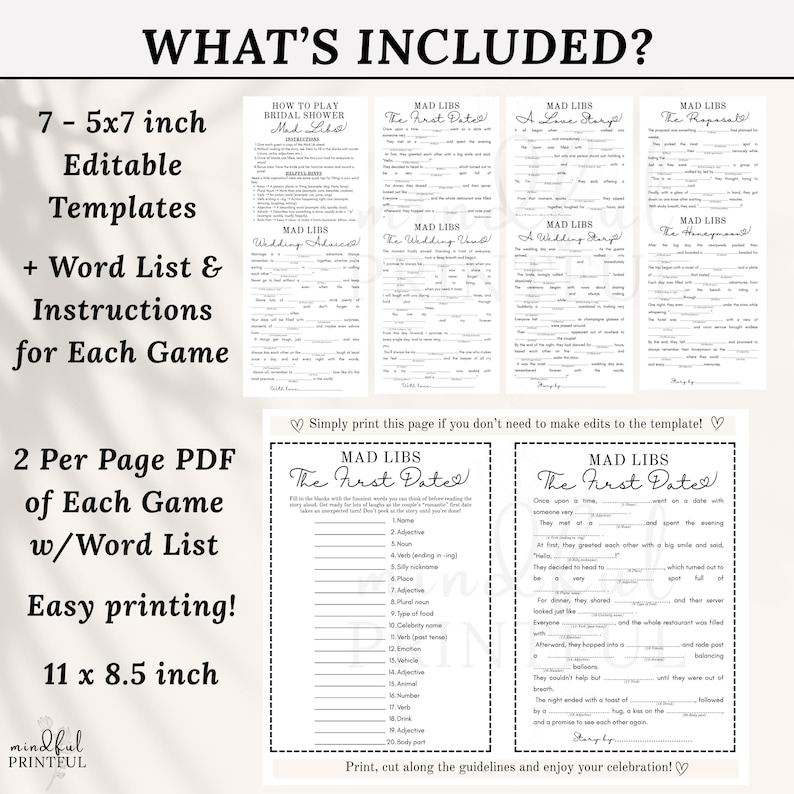 Bridal shower mad libs printable game bundle featuring 7 funny wedding-themed stories including The First Date, A Love Story, The Proposal, The Wedding Vows, A Wedding Story, The Honeymoon, and Wedding Advice. Perfect for bridal showers, bachelorette parties, rehearsal dinners, and wedding celebrations. Instant download party game with word lists and story pages for endless laughter and keepsake fun.