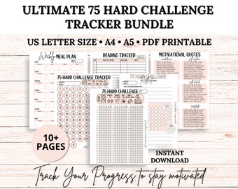 Ultimate 75 HARD Challenge Tracker Bundle, 75 Day Challenge Printable, Meal Planner, Workout Planner, Body Measurement Tracker, Reading Log