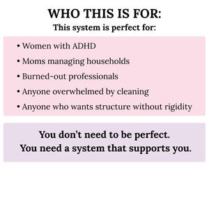 K&ouml;nnte beinhalten: Wei&szlig;er Hintergrund mit Text in schwarzen und rosa K&auml;stchen. Der Text lautet: &bdquo;F&Uuml;R WEN IST DAS: Dieses System ist perfekt f&uuml;r: Frauen mit ADHS, M&uuml;tter, die den Haushalt managen, ausgebrannte Berufst&auml;tige, usw.