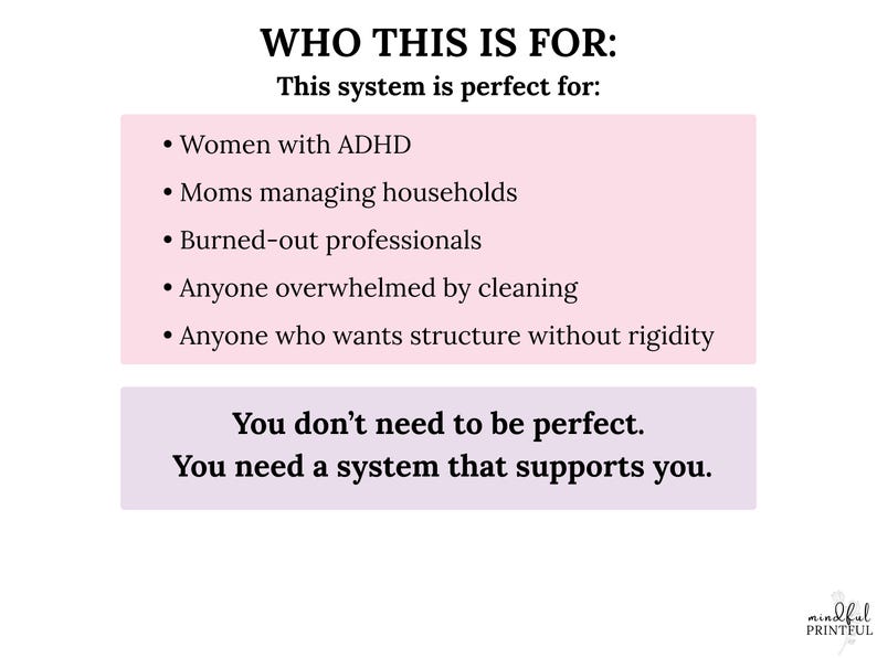 K&ouml;nnte beinhalten: Wei&szlig;er Hintergrund mit Text in schwarzen und rosa K&auml;stchen. Der Text lautet: &bdquo;F&Uuml;R WEN IST DAS: Dieses System ist perfekt f&uuml;r: Frauen mit ADHS, M&uuml;tter, die den Haushalt managen, ausgebrannte Berufst&auml;tige, usw.