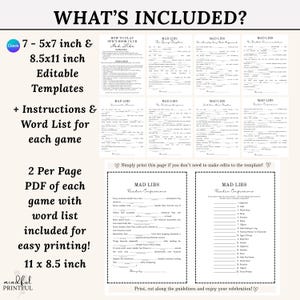 Puede incluir: Un conjunto de plantillas editables de Mad Libs para un juego de club de lectura, que incluye 7 variantes en tama&ntilde;os de 12,7x17,8 cm y 21,6x27,9 cm. El documento presenta instrucciones, listas de palabras y p&aacute;ginas PDF imprimibles con texto negro.
