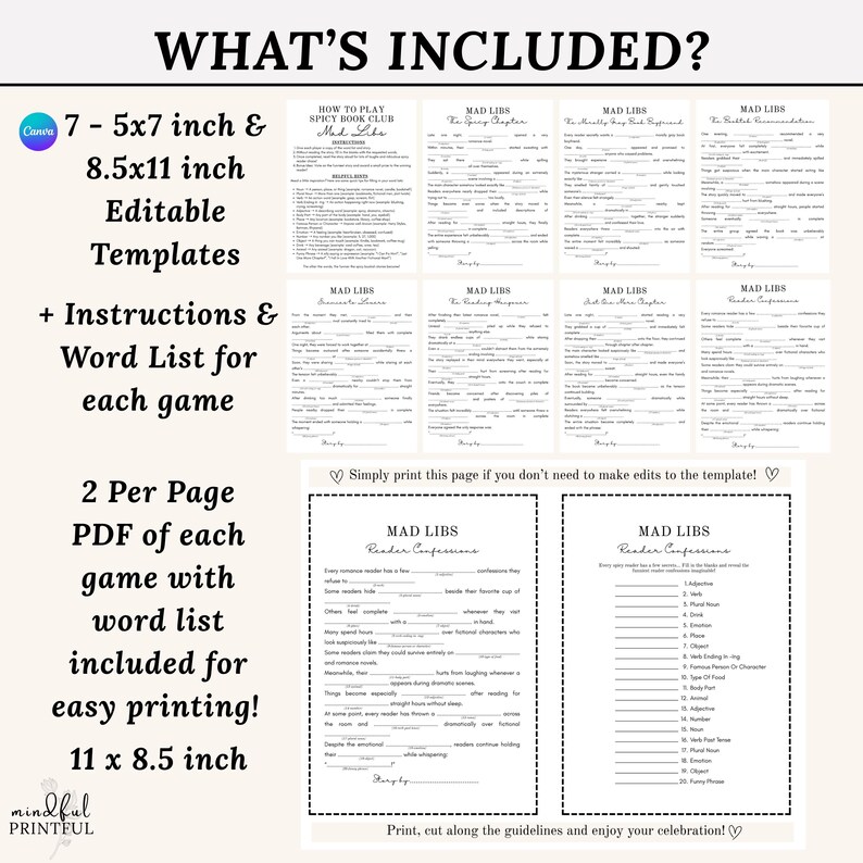Puede incluir: Un conjunto de plantillas editables de Mad Libs para un juego de club de lectura, que incluye 7 variantes en tama&ntilde;os de 12,7x17,8 cm y 21,6x27,9 cm. El documento presenta instrucciones, listas de palabras y p&aacute;ginas PDF imprimibles con texto negro.