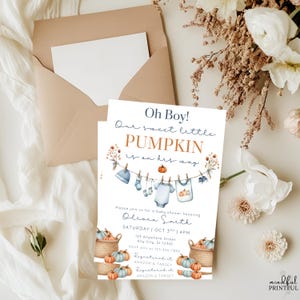Editable Oh Bpy little pumpkin baby shower invitation template with fall-themed clothesline blue baby boy design, pumpkins, and cozy autumn accents , customizable in Canva, digital 5x7 printable invite for fall baby shower celebrations. pumpkin baby invite, fall baby shower, autumn shower invite, little pumpkin card, rustic baby shower, editable fall invite, canva baby template, baby shower printable, cozy fall invitation, digital baby invite, harvest shower invite, gender neutral invite