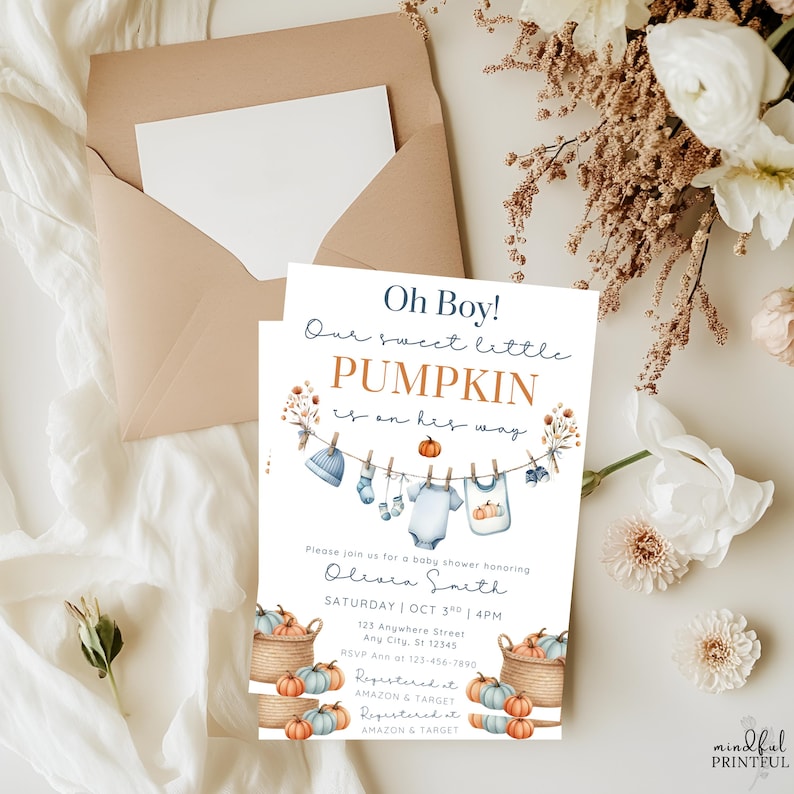 Editable Oh Bpy little pumpkin baby shower invitation template with fall-themed clothesline blue baby boy design, pumpkins, and cozy autumn accents , customizable in Canva, digital 5x7 printable invite for fall baby shower celebrations. pumpkin baby invite, fall baby shower, autumn shower invite, little pumpkin card, rustic baby shower, editable fall invite, canva baby template, baby shower printable, cozy fall invitation, digital baby invite, harvest shower invite, gender neutral invite