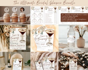 Love is Brewing Bridal Shower Bundle Espresso Martini Bridal Shower Invitation + Games Edit in Canva Templates Wedding Shower Printable Kit