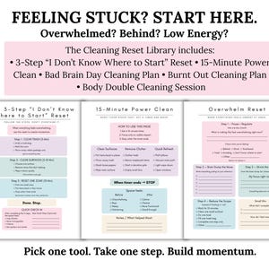 K&ouml;nnte beinhalten: Eine druckbare Reinigungs-Reset-Bibliothek mit dem Text "FEELING STUCK? START HERE." Die Bibliothek umfasst einen 3-Stufen-Reset, eine 15-Minuten-Power-Reinigung und andere Reinigungspl&auml;ne. Der Text "Pick one tool. Take one step. Build momentum." ist ebenfalls enthalten.