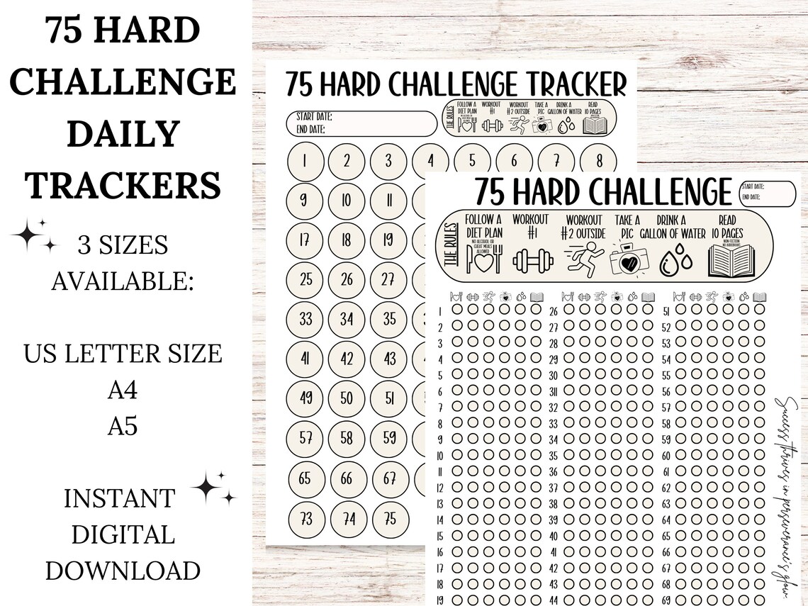 Ultimate 75 HARD Challenge Tracker Bundle, 75 Day Challenge Printable