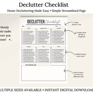 Op de afbeelding: Een afdrukbare checklist voor het opruimen met de titel "Declutter Checklist" en de tekst "Home Decluttering Made Easy &bull; Simple Streamlined Page." De checklist bevat secties voor keuken, slaapkamer, woonkamer, badkamer, kantoor en garage.