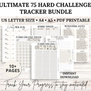 Ultimate 75 HARD Challenge Tracker Bundle, 75 Day Challenge Printable, Meal Planner, Workout Planner, Body Measurement Tracker, Reading Log