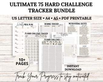 Ultimate 75 HARD Challenge Tracker Bundle, 75 Day Challenge Printable, Meal Planner, Workout Planner, Body Measurement Tracker, Reading Log