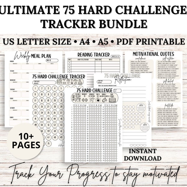 Ultimate 75 HARD Challenge Tracker Bundle, Défi de 75 jours imprimable, Planificateur de repas, Planificateur d’entraînement, Suivi des mesures corporelles, Journal de lecture