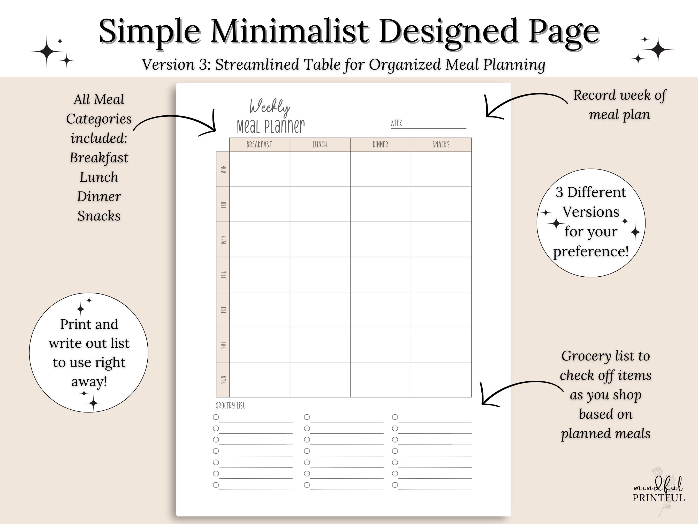Minimalist Weekly Meal Planner With Grocery List Printable, Meal ...