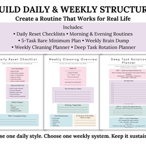 K&ouml;nnte beinhalten: Ein druckbarer Planer mit dem Text "BUILD DAILY & WEEKLY STRUCTURE" und "Create a Routine That Works for Real Life." Der Planer enth&auml;lt t&auml;gliche Checklisten, Morgen- und Abendroutinen sowie einen w&ouml;chentlichen Reinigungsplaner.