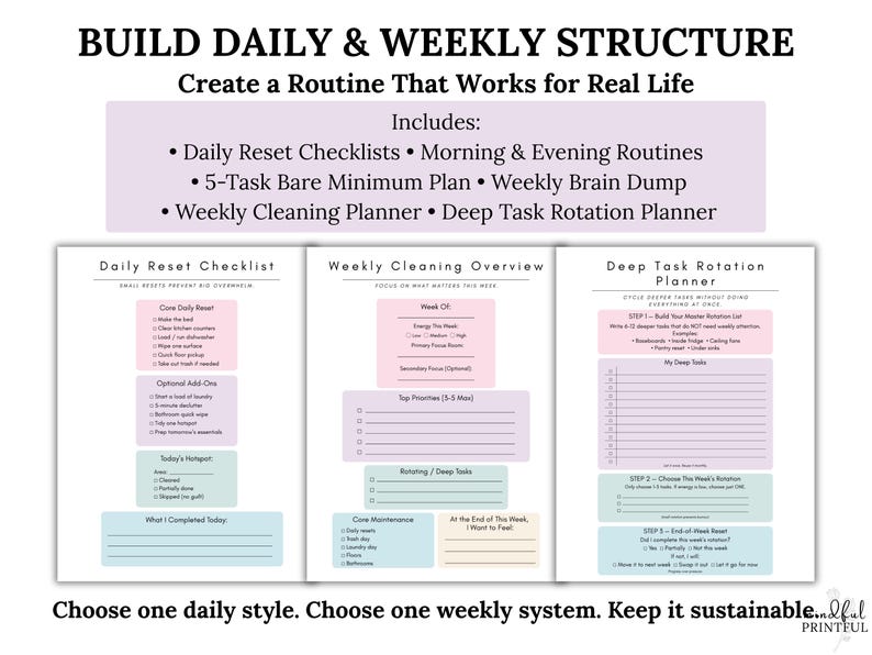 K&ouml;nnte beinhalten: Ein druckbarer Planer mit dem Text "BUILD DAILY & WEEKLY STRUCTURE" und "Create a Routine That Works for Real Life." Der Planer enth&auml;lt t&auml;gliche Checklisten, Morgen- und Abendroutinen sowie einen w&ouml;chentlichen Reinigungsplaner.