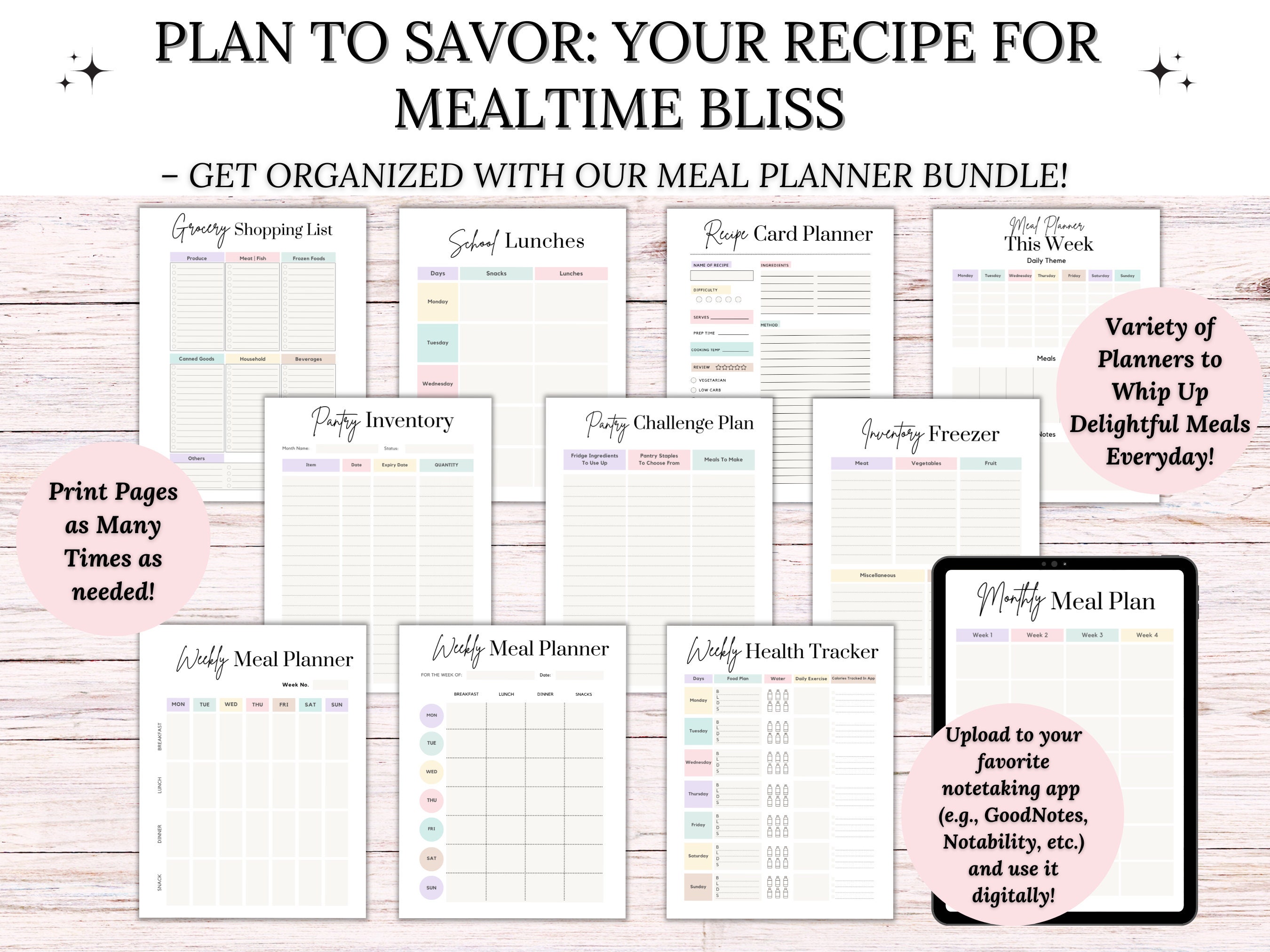 Meal Planner Printable Bundle, Weekly Meal Planner, Food Diary, Grocery ...